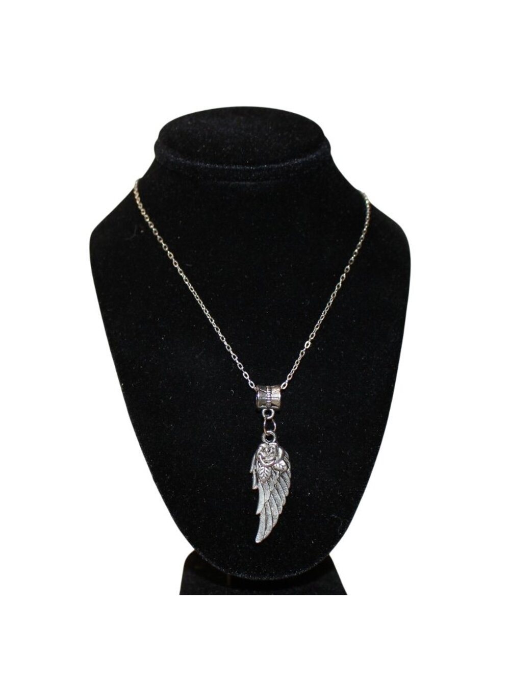 Silver Tone Angel Wing Rose Pendant Necklace Large Hole Bail Fashion Jewelry